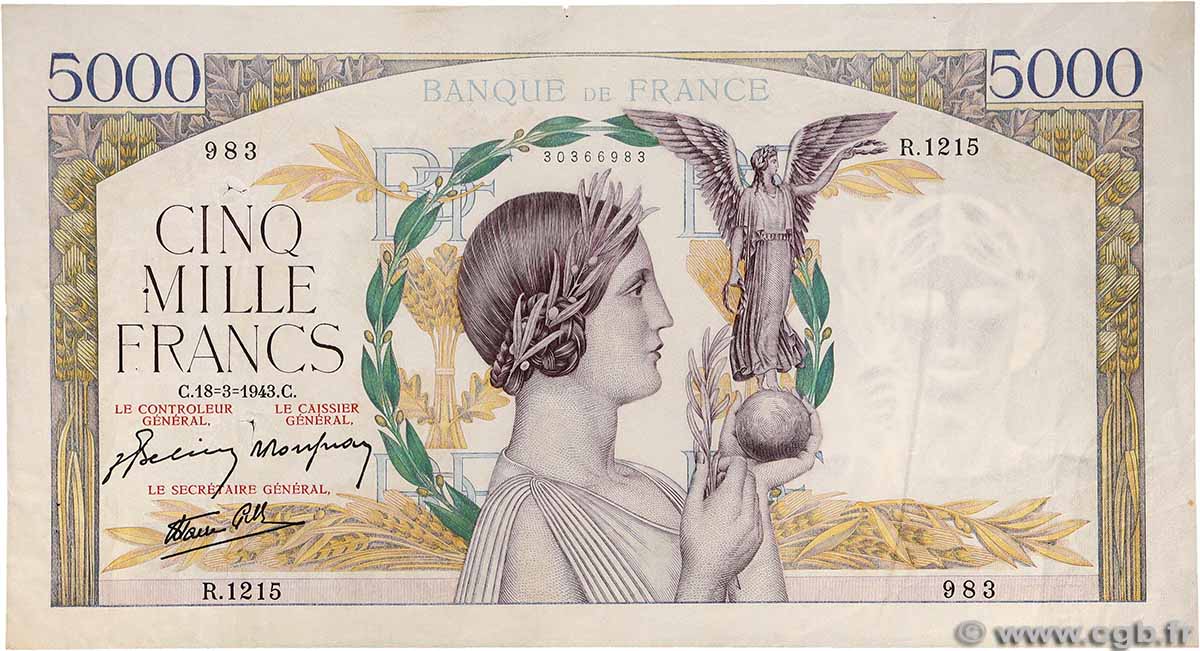 5000 Francs VICTOIRE Impression à plat FRANCE  1943 F.46.49 TTB