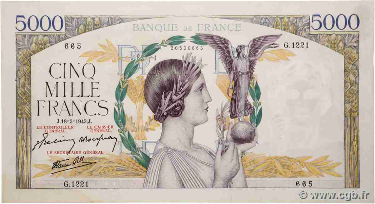 5000 Francs VICTOIRE Impression à plat FRANCE  1943 F.46.49 VF+