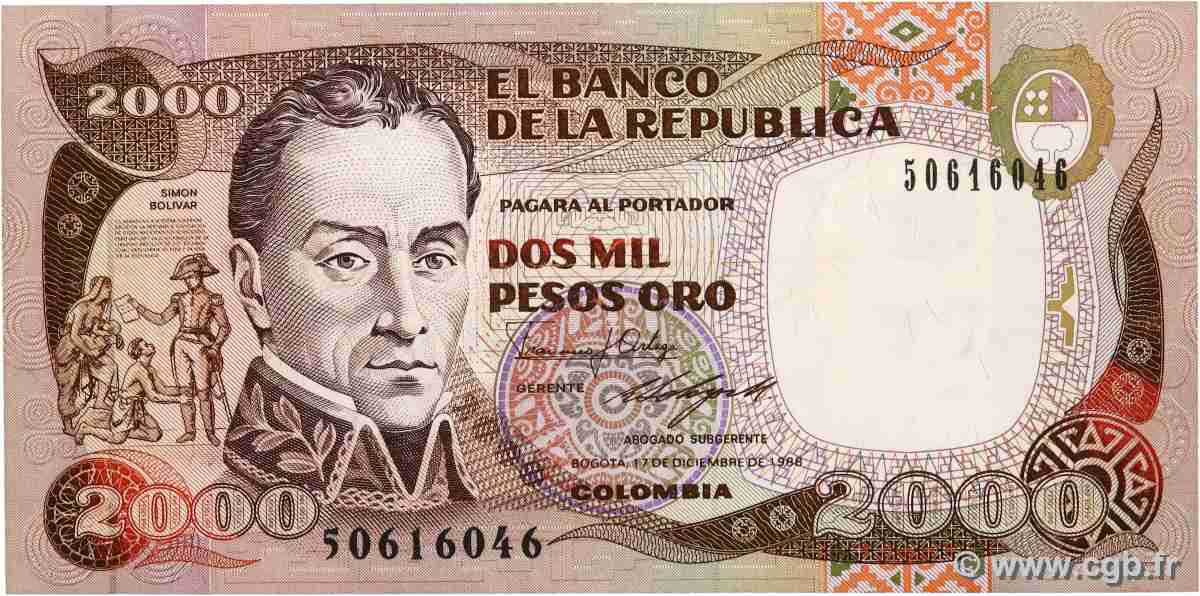 2000 Pesos Oro COLOMBIA  1988 P.433b FDC