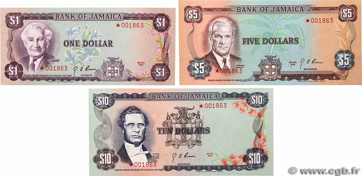 1, 5 et 10 Dollars JAMAICA  1978 P.CS01, P.CS03a, P.CS03c UNC