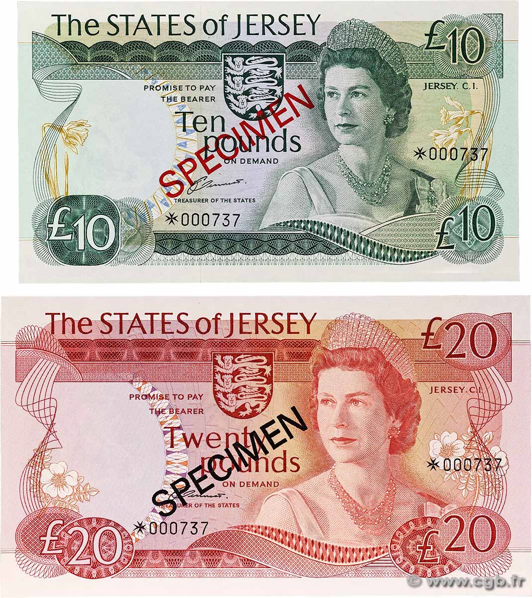 10 et 20 Pounds Spécimen JERSEY  1976 P.13as et P.14as-Cs1 NEUF