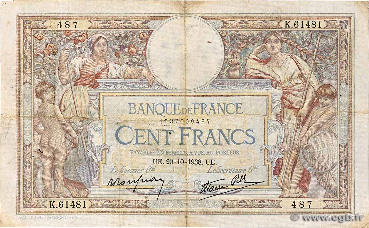 100 Francs LUC OLIVIER MERSON type modifié FRANCE  1938 F.25.32 TB