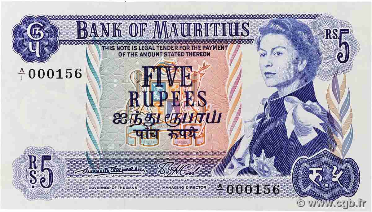 5 Rupees Petit numéro ÎLE MAURICE  1967 P.30a pr.NEUF