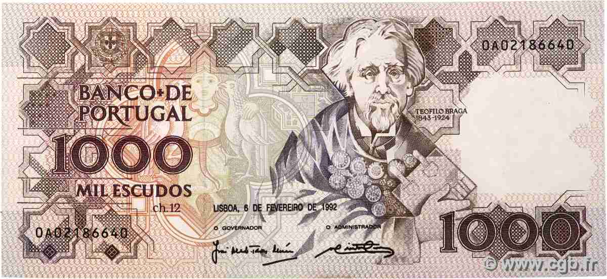 1000 Escudos PORTUGAL  1992 P.181i UNC-