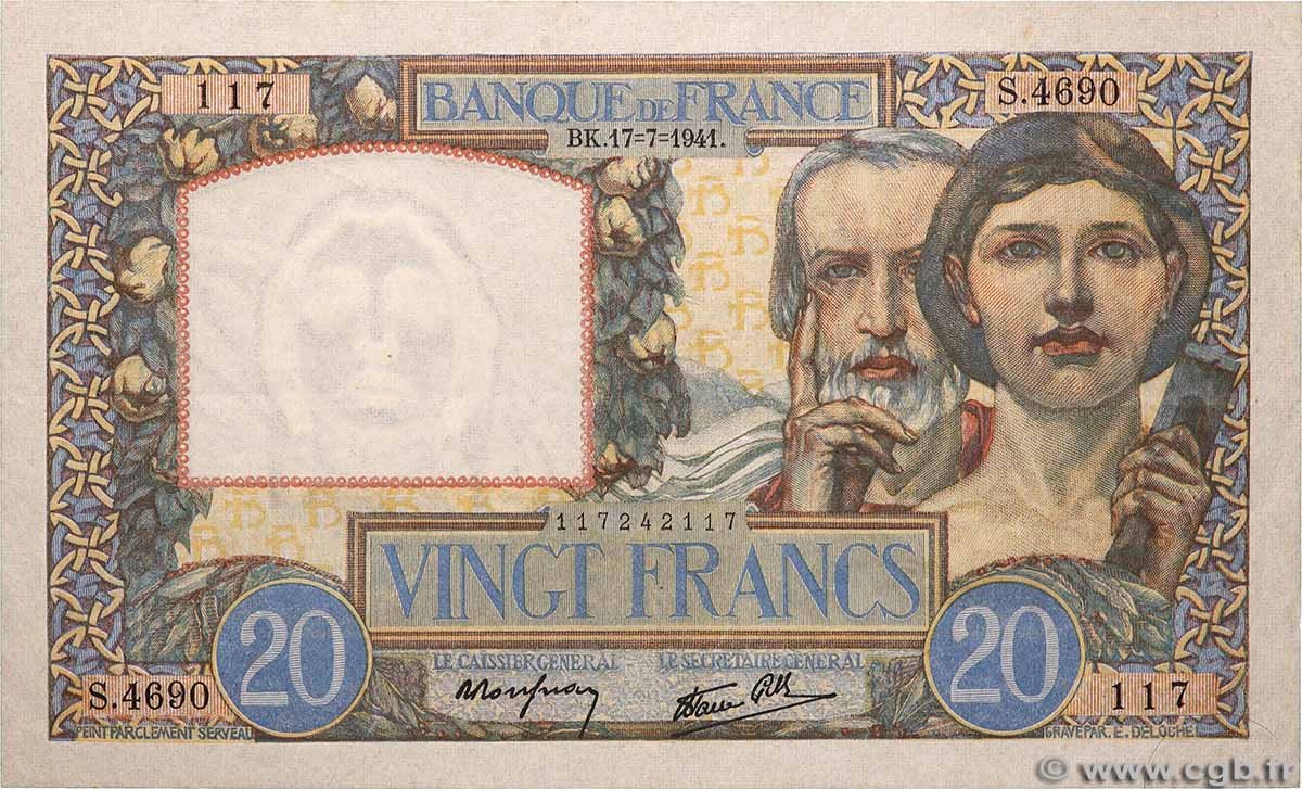 20 Francs TRAVAIL ET SCIENCE FRANCE  1941 F.12.16 TTB