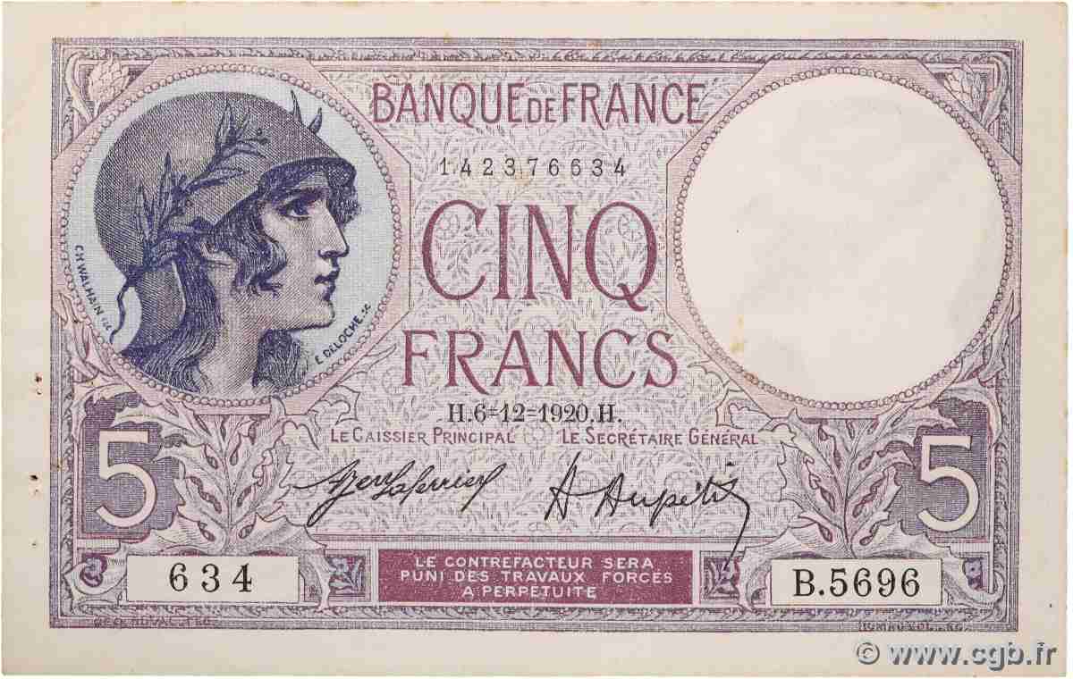 5 Francs FEMME CASQUÉE FRANCE  1920 F.03.04 TTB+