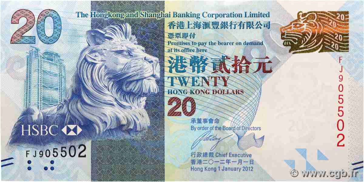 20 Dollars HONG KONG  2012 P.212 UNC