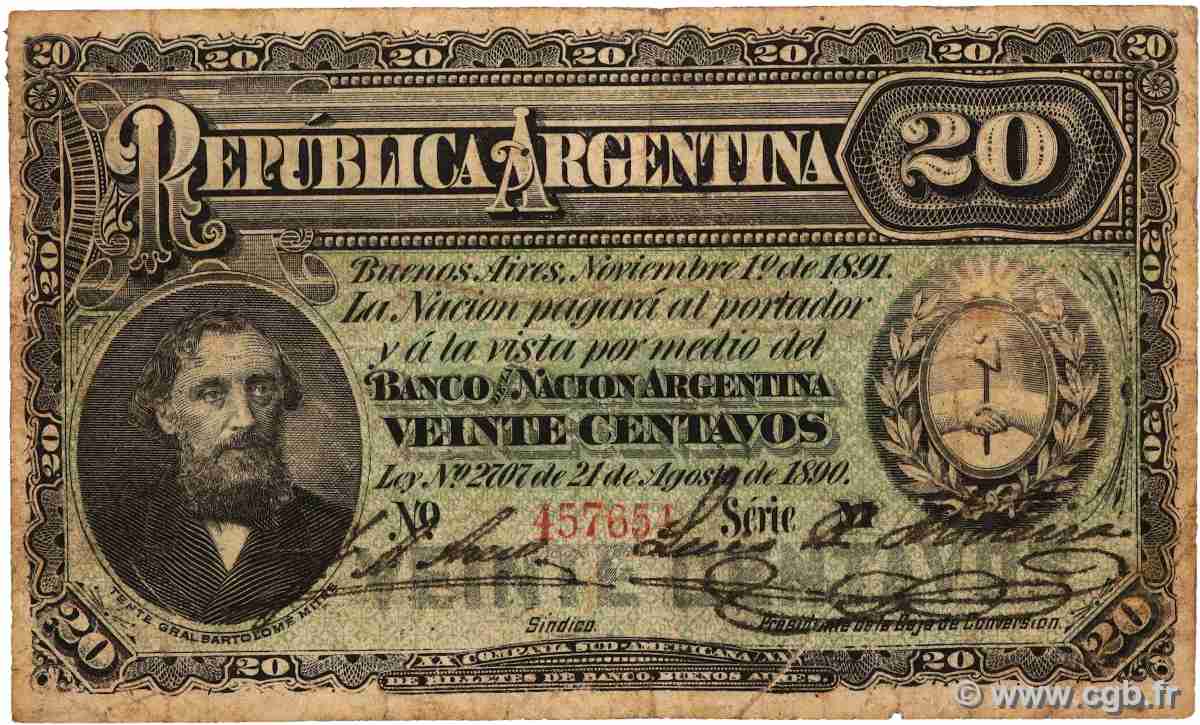 20 Centavos ARGENTINA  1891 P.211b F
