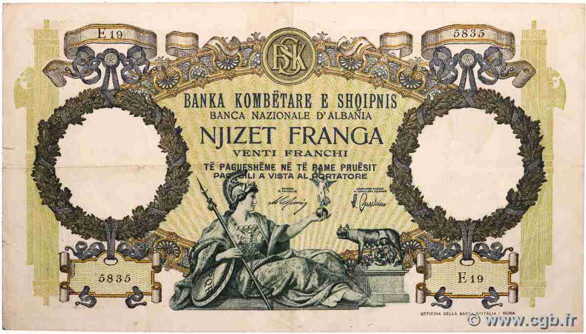 20 Franga ALBANIA  1939 P.07 VF