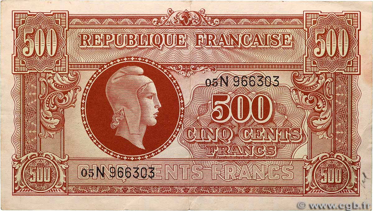 500 Francs MARIANNE fabrication anglaise FRANCE  1945 VF.11.03 TTB