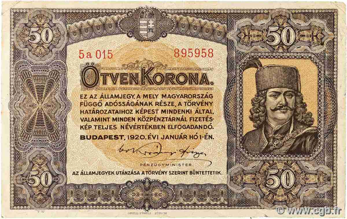 50 Korona HONGRIE  1920 P.062 TB+