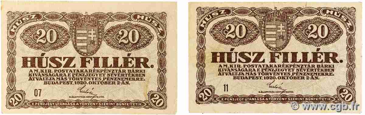 20 Filler Lot HONGRIE  1920 P.043 TTB