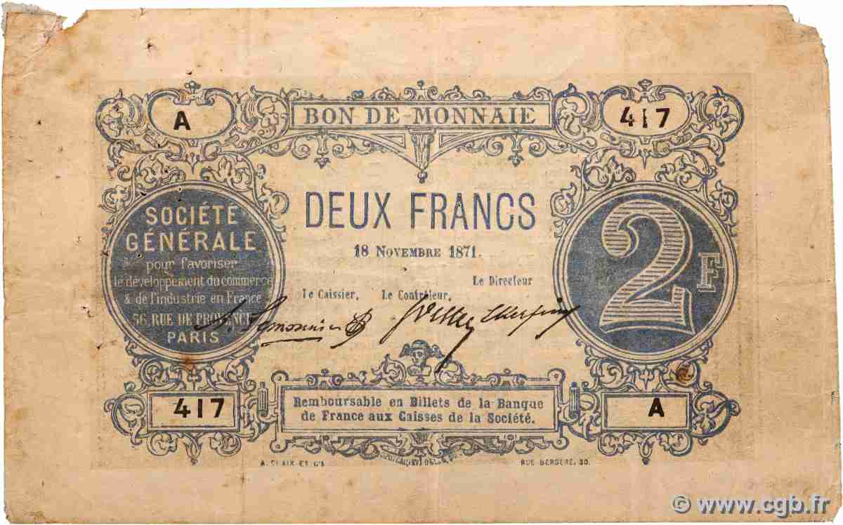 2 Francs FRANCE régionalisme et divers Paris 1871 JER.75.02B pr.TB