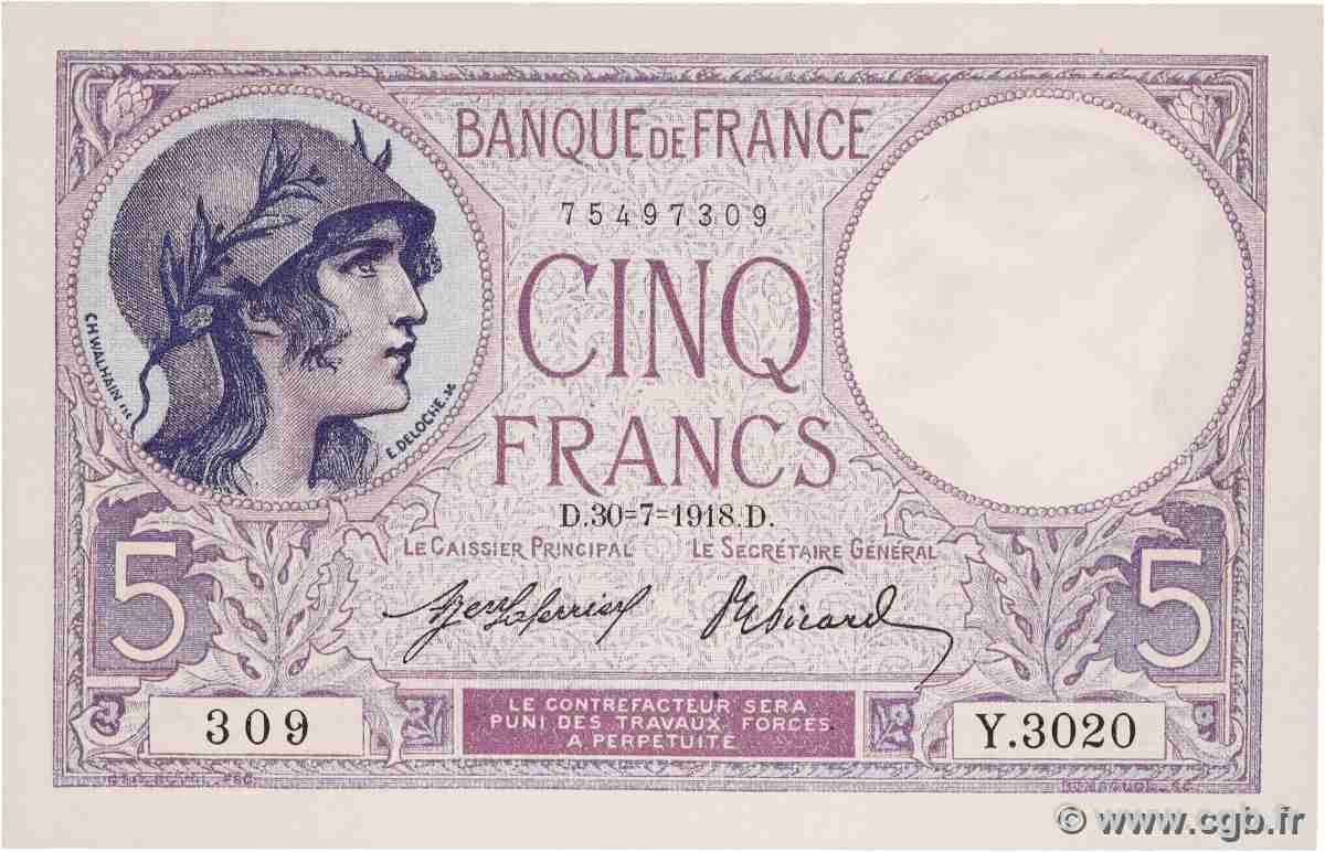 5 Francs FEMME CASQUÉE FRANCE  1918 F.03.02 UNC