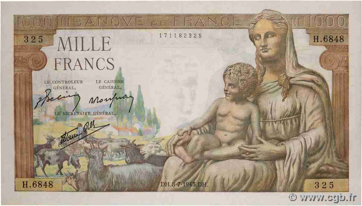 1000 Francs DÉESSE DÉMÉTER FRANCE  1943 F.40.29 NEUF