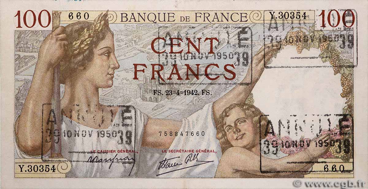 100 Francs SULLY Annulé FRANCE  1942 F.26.70 SUP