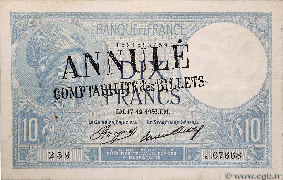 10 Francs MINERVE Annulé FRANCE  1936 F.06.17 TTB