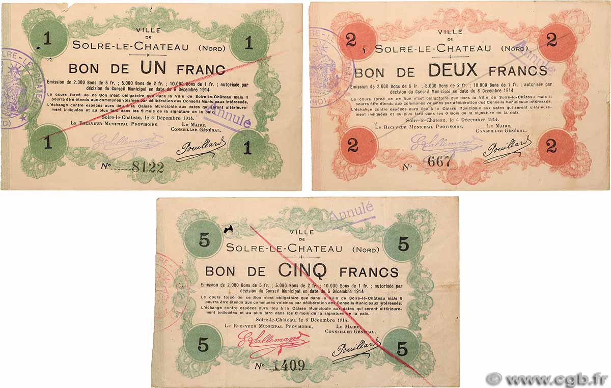 1, 2 et 5 Francs Lot FRANCE régionalisme et divers Maubeuge et Solre-Le-Chateau 1915 JP.- TB+