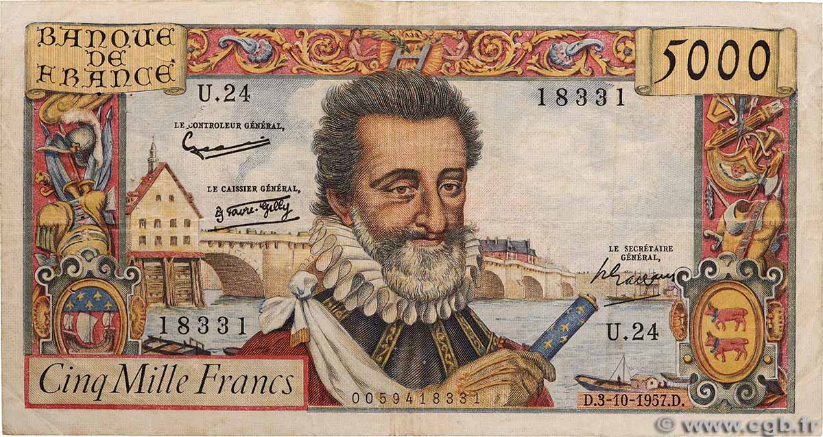 5000 Francs HENRI IV FRANCE  1957 F.49.03 TB+
