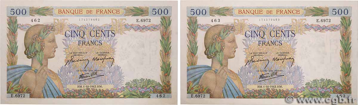 500 Francs LA PAIX Consécutifs FRANCE  1942 F.32.41 UNC-