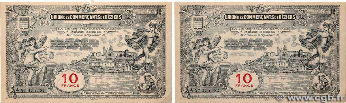 10 Francs Lot FRANCE regionalismo e varie Béziers 1920 JP.- q.SPL