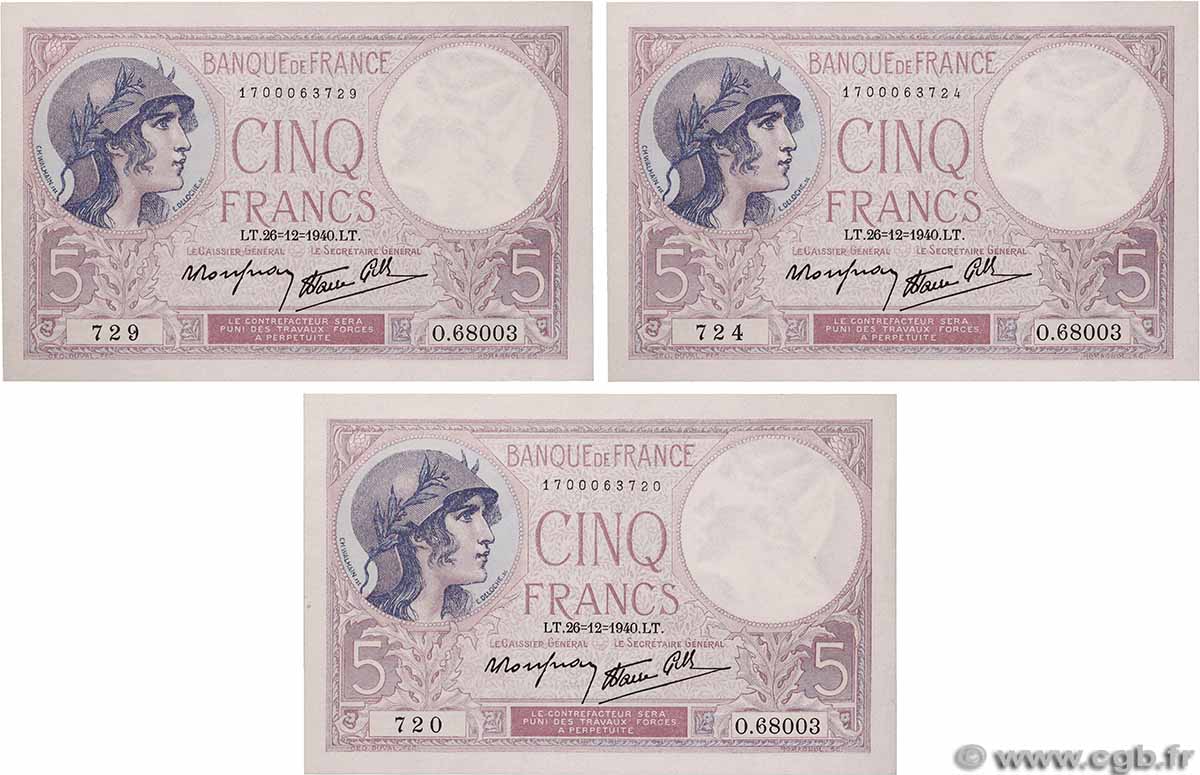 5 Francs FEMME CASQUÉE modifié Lot FRANCE  1940 F.04.18 pr.NEUF