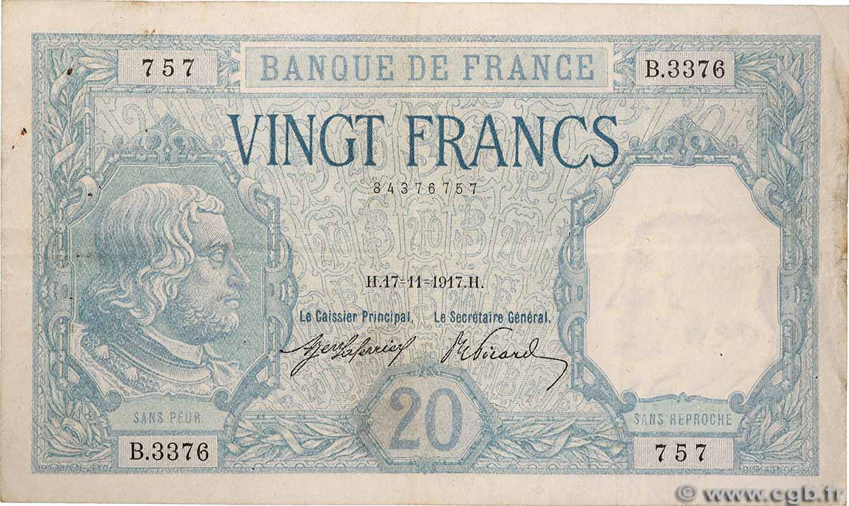 20 Francs BAYARD FRANCE  1917 F.11.02 TTB