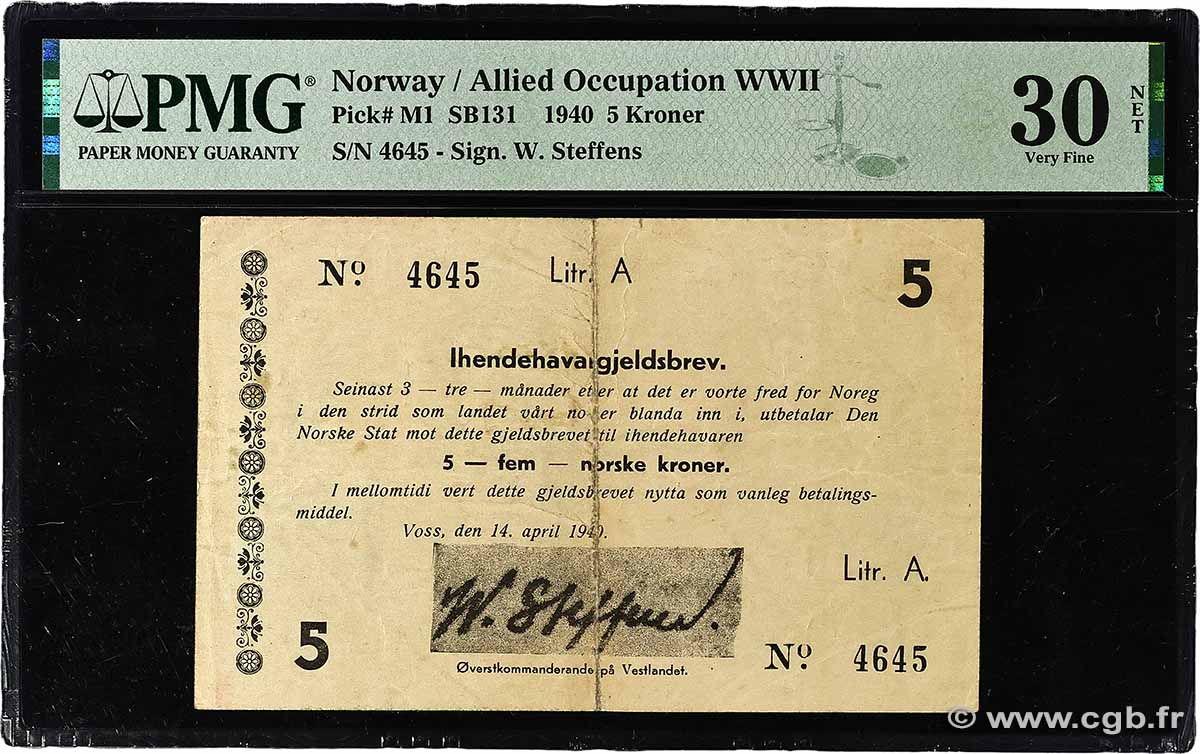 5 Kroner NORVÈGE  1940 P.M1 VF