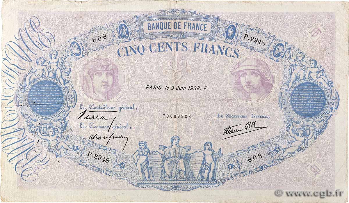 500 Francs BLEU ET ROSE modifié FRANCE  1938 F.31.14 TB+