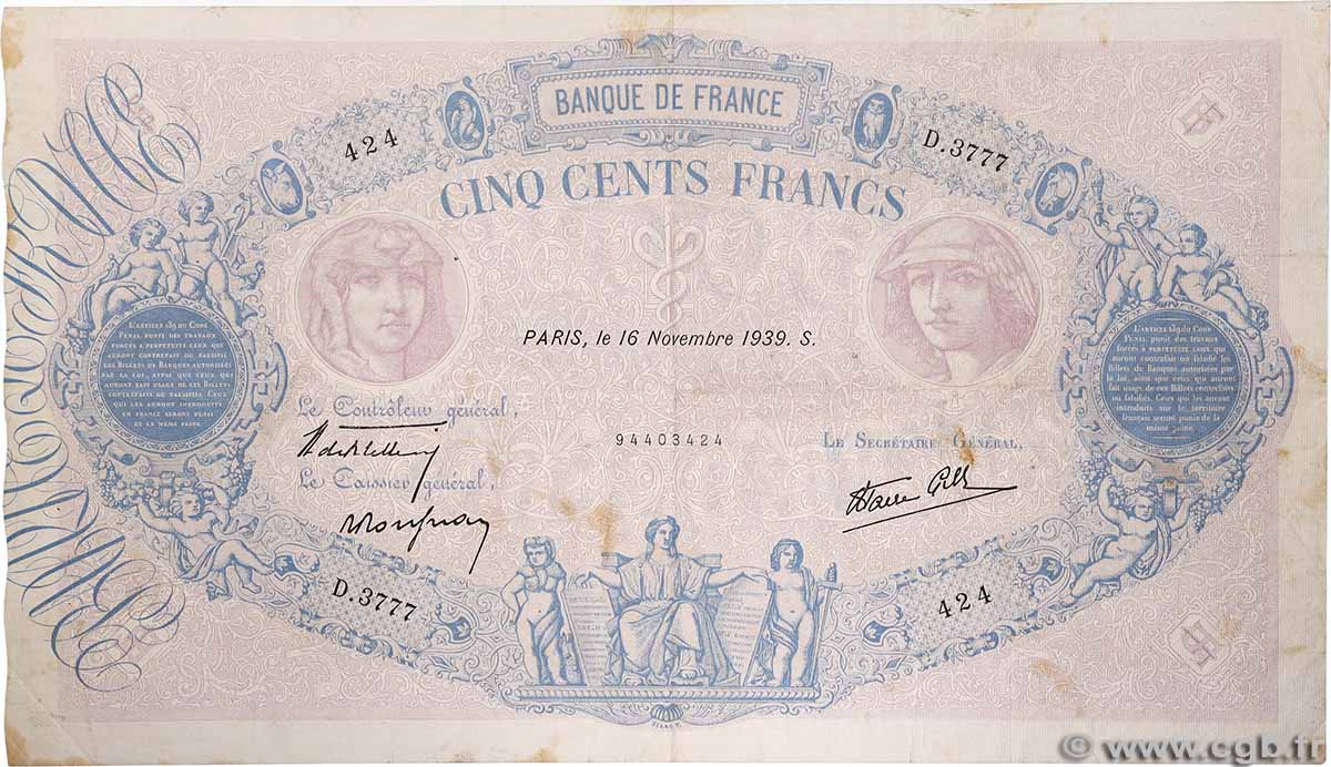 500 Francs BLEU ET ROSE modifié FRANCIA  1939 F.31.48 q.BB