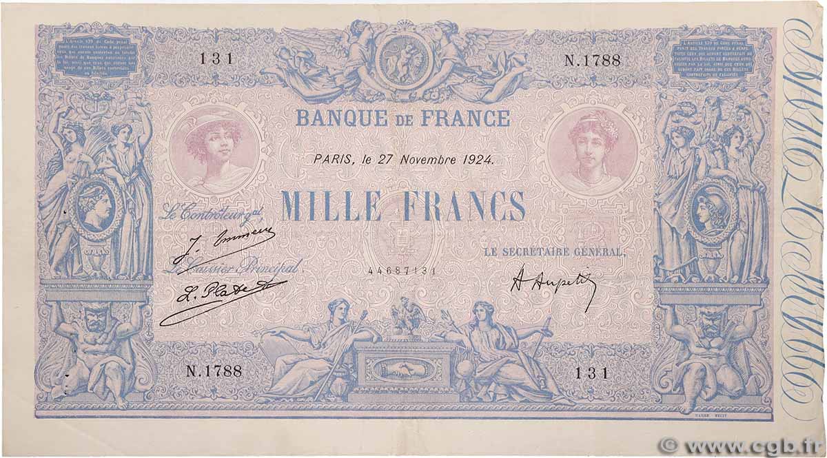 1000 Francs BLEU ET ROSE FRANCIA  1924 F.36.40 q.BB