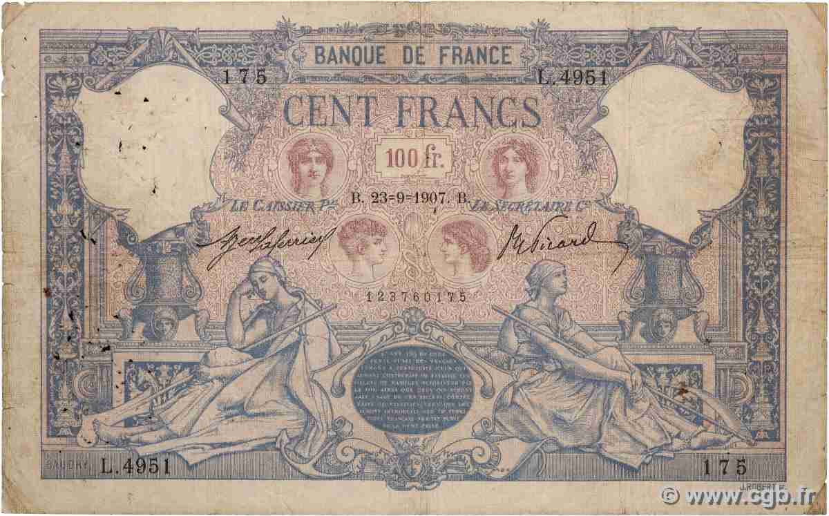 100 Francs BLEU ET ROSE FRANCE  1907 F.21.22 B