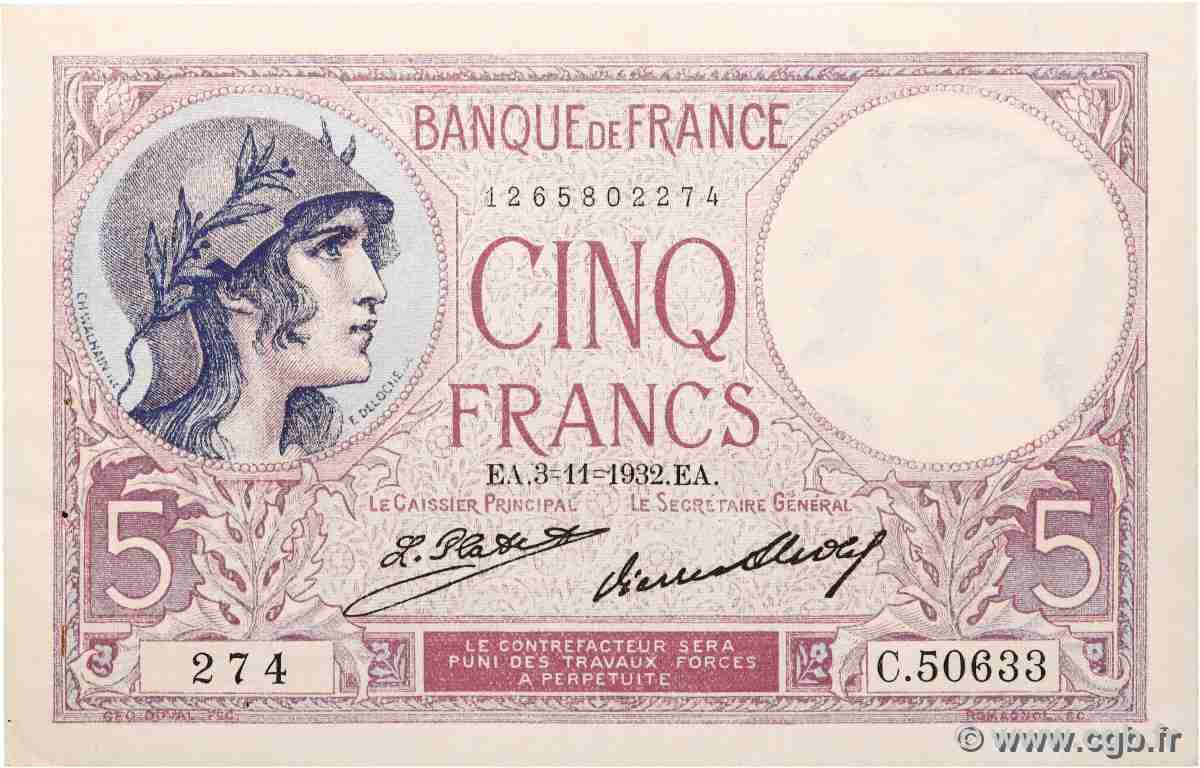 5 Francs FEMME CASQUÉE FRANCE  1932 F.03.16 SUP+