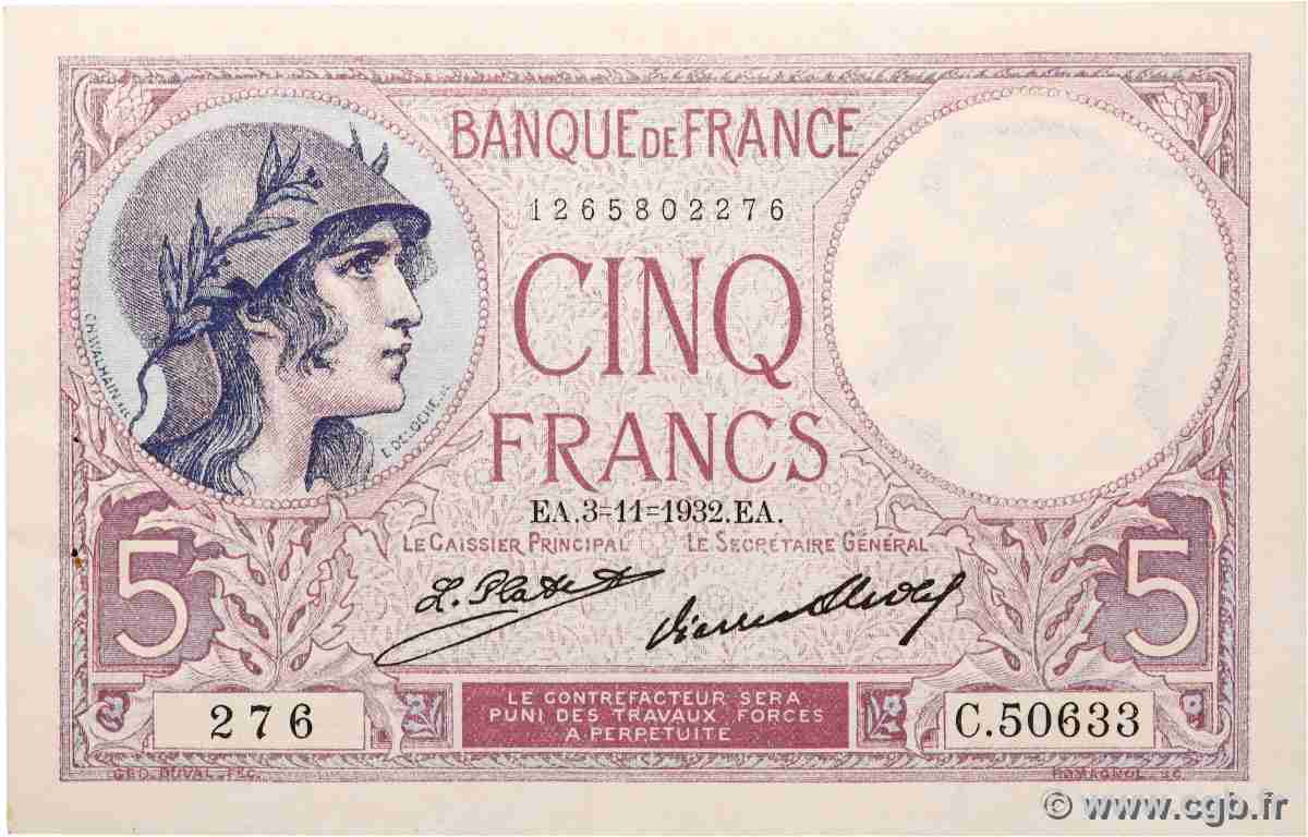 5 Francs FEMME CASQUÉE FRANCE  1932 F.03.16 SUP+