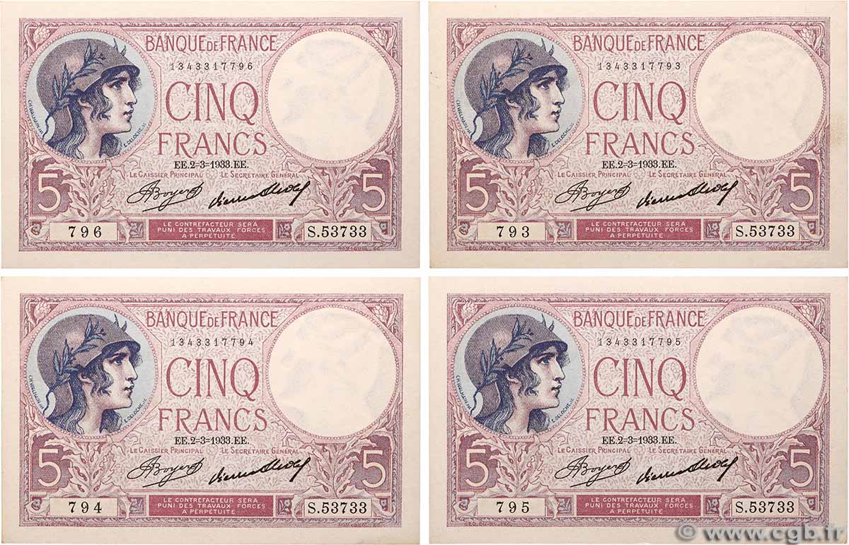 5 Francs FEMME CASQUÉE Lot FRANCE  1933 F.03.17 SPL