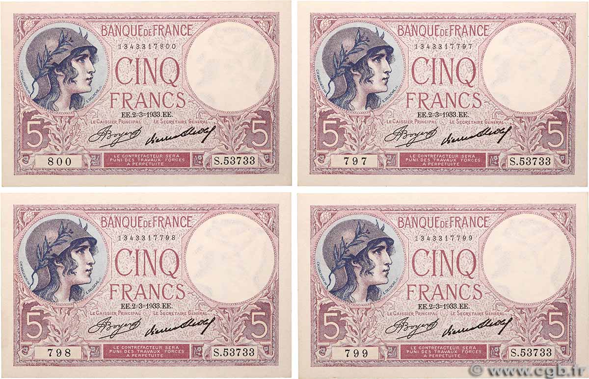 5 Francs FEMME CASQUÉE Lot FRANCE  1933 F.03.17 SPL