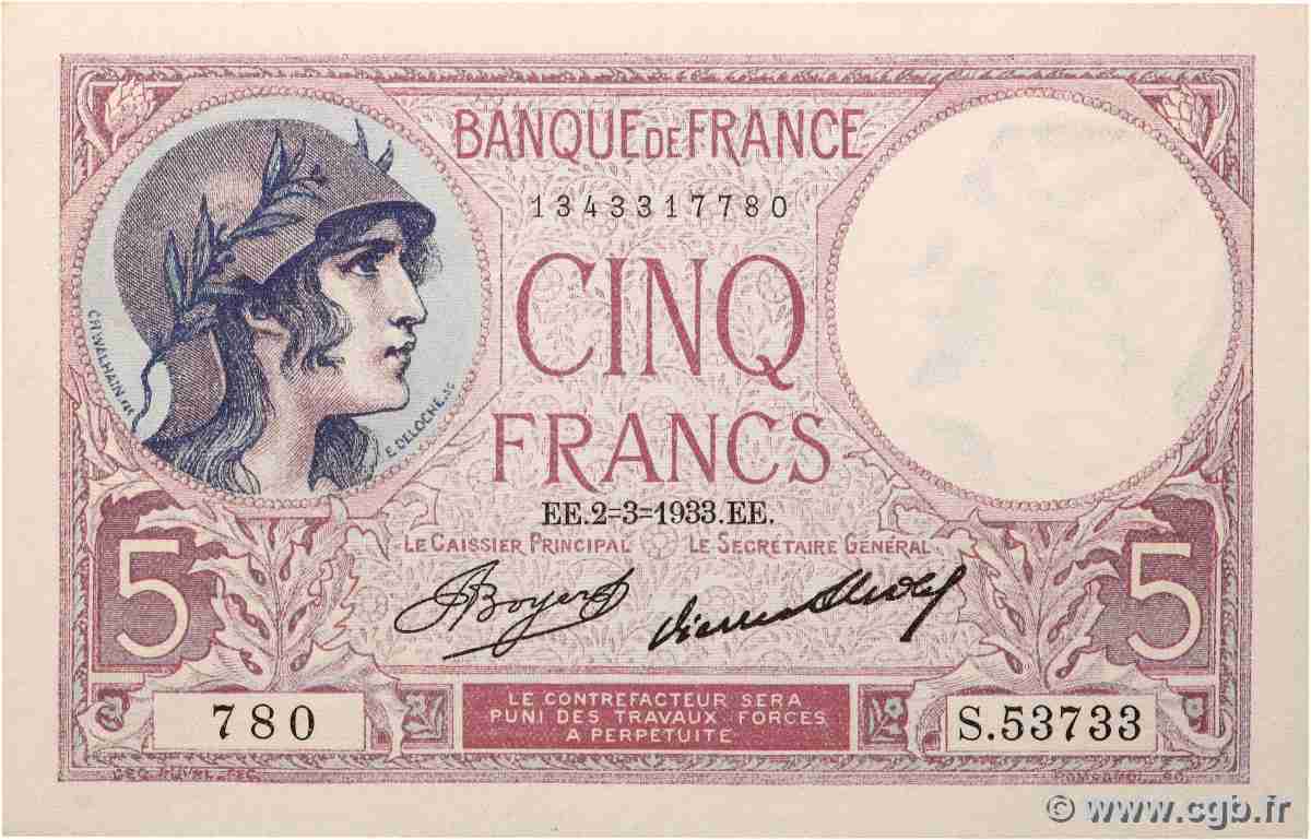 5 Francs FEMME CASQUÉE FRANCE  1933 F.03.17 SPL