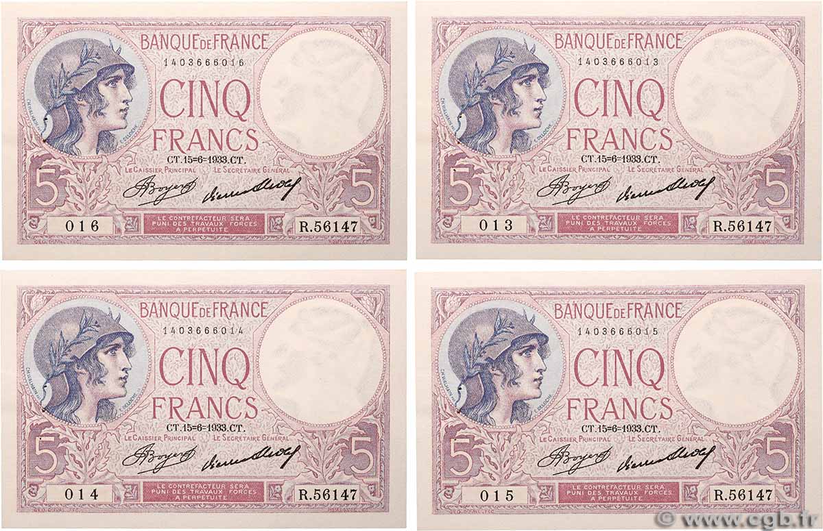 5 Francs FEMME CASQUÉE Lot FRANCE  1933 F.03.17 SUP+