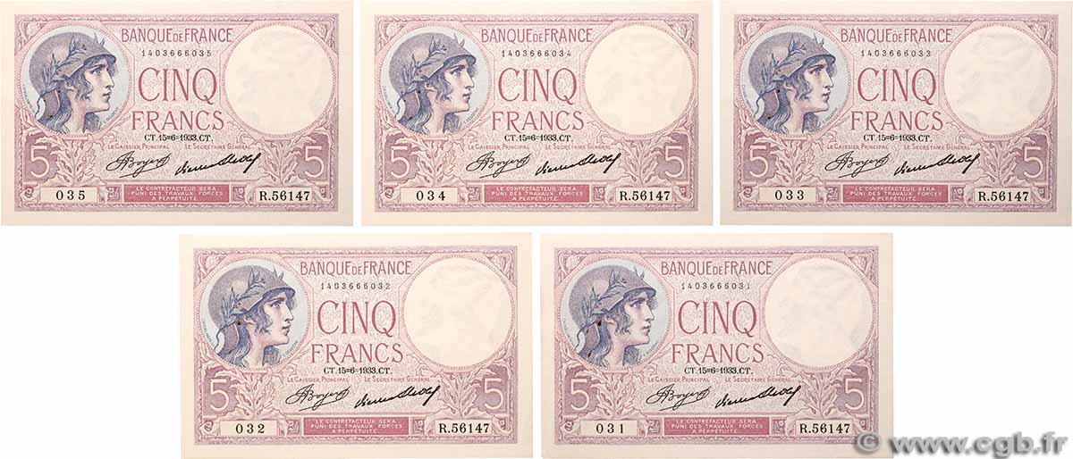 5 Francs FEMME CASQUÉE Lot FRANCE  1933 F.03.17 SUP+