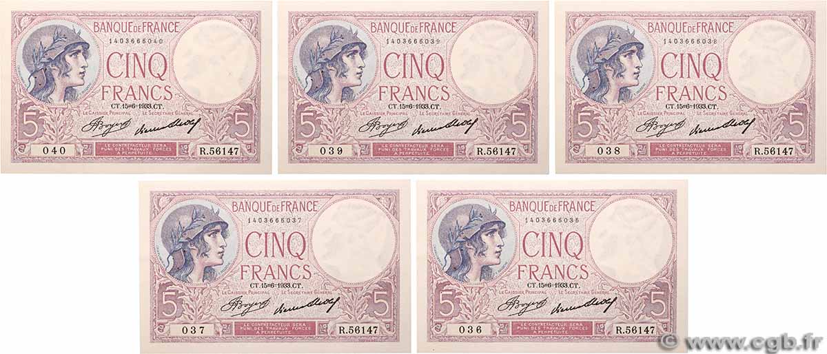 5 Francs FEMME CASQUÉE Lot FRANCE  1933 F.03.17 SUP+