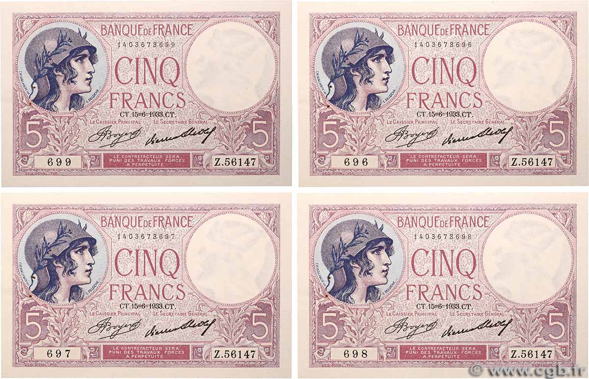 5 Francs FEMME CASQUÉE Lot FRANCE  1933 F.03.17 pr.SPL