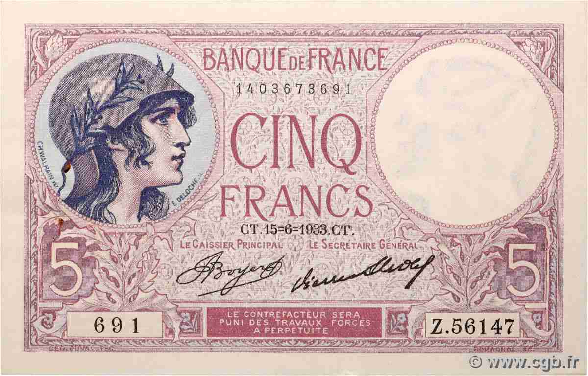 5 Francs FEMME CASQUÉE FRANCE  1933 F.03.17 pr.SPL