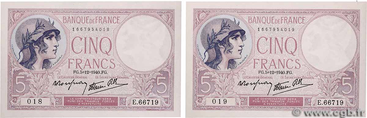 5 Francs FEMME CASQUÉE modifié Consécutifs FRANCE  1940 F.04.16 NEUF