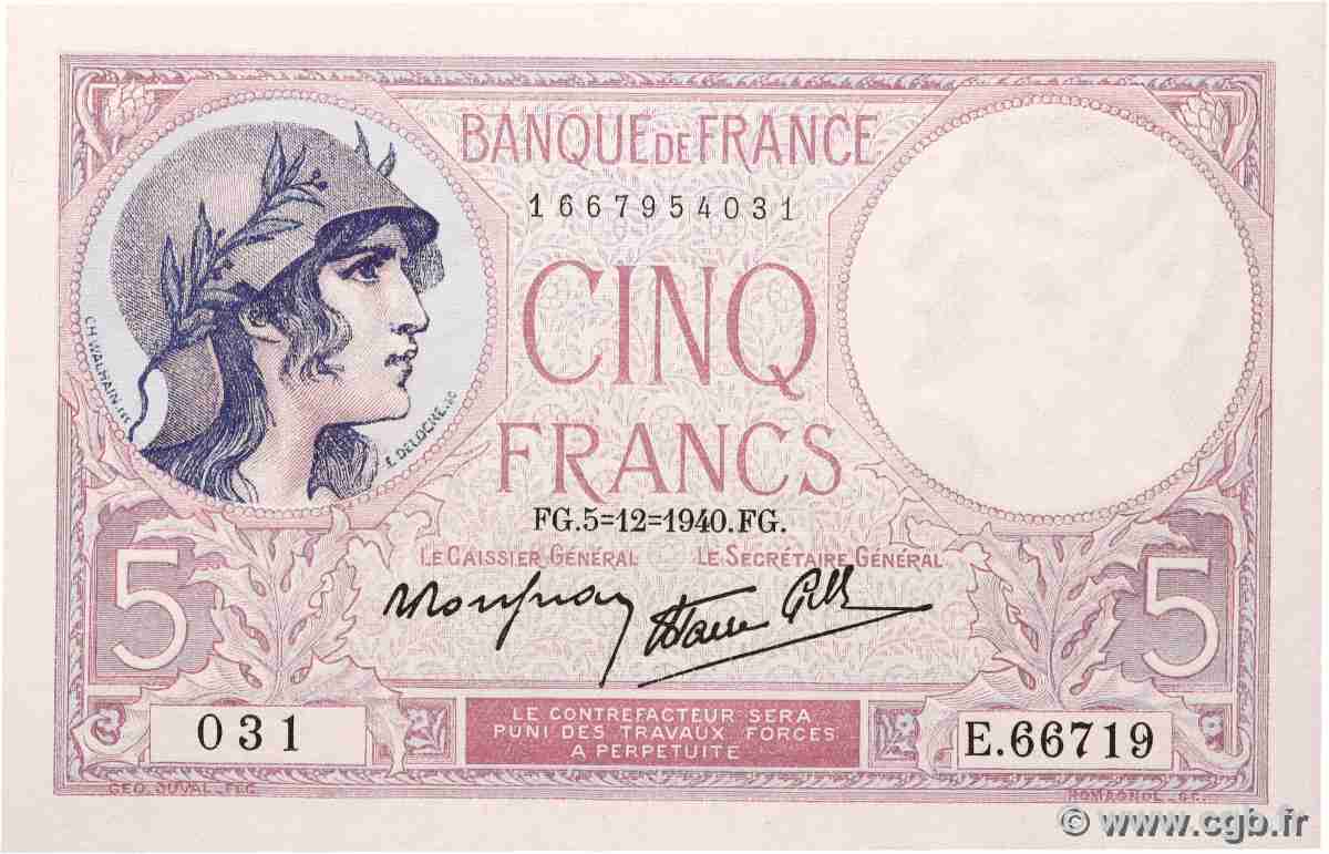 5 Francs FEMME CASQUÉE modifié FRANCE  1940 F.04.16 NEUF