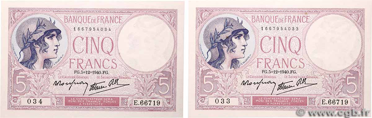 5 Francs FEMME CASQUÉE modifié Consécutifs FRANCE  1940 F.04.16 NEUF