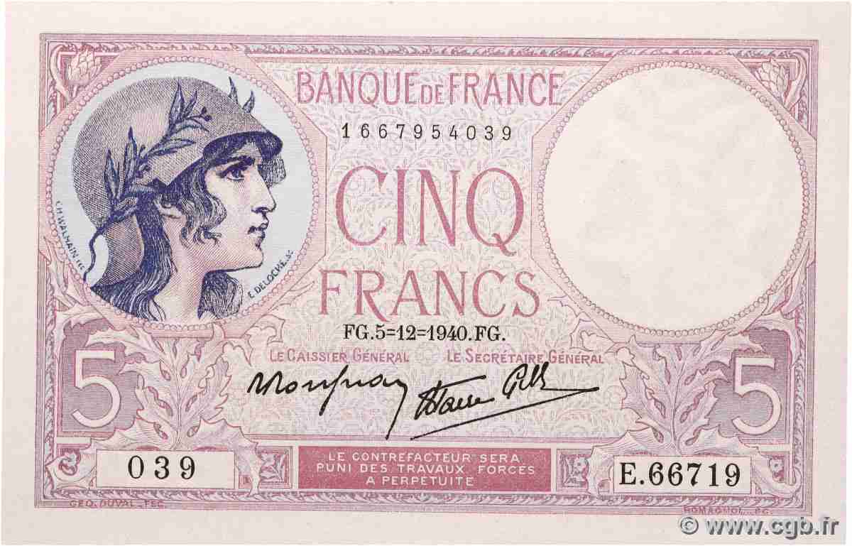 5 Francs FEMME CASQUÉE modifié FRANCE  1940 F.04.16 pr.NEUF