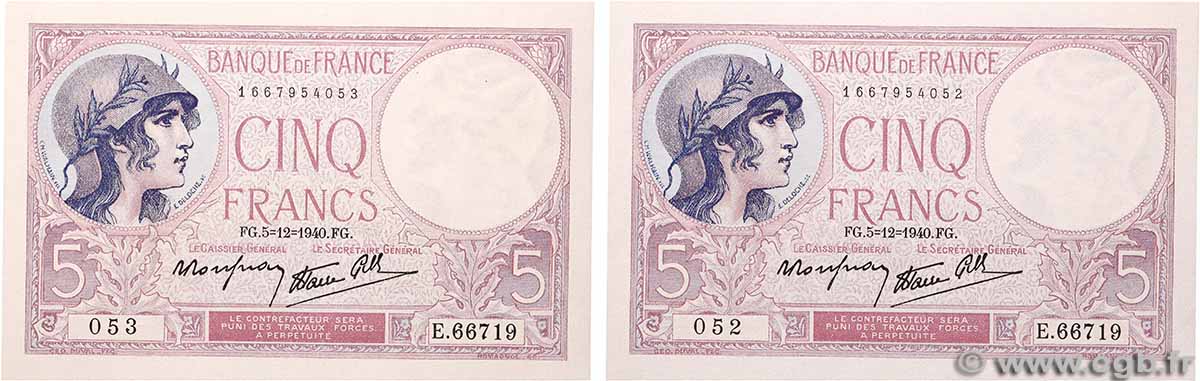 5 Francs FEMME CASQUÉE modifié Consécutifs FRANCE  1940 F.04.16 NEUF