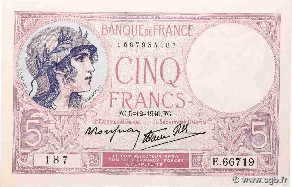 5 Francs FEMME CASQUÉE modifié FRANCE  1940 F.04.16 NEUF
