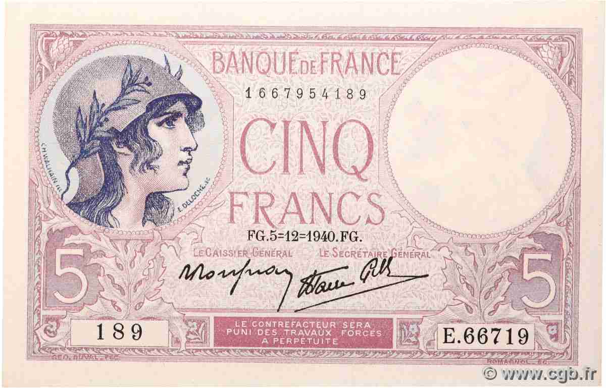 5 Francs FEMME CASQUÉE modifié FRANCE  1940 F.04.16 NEUF