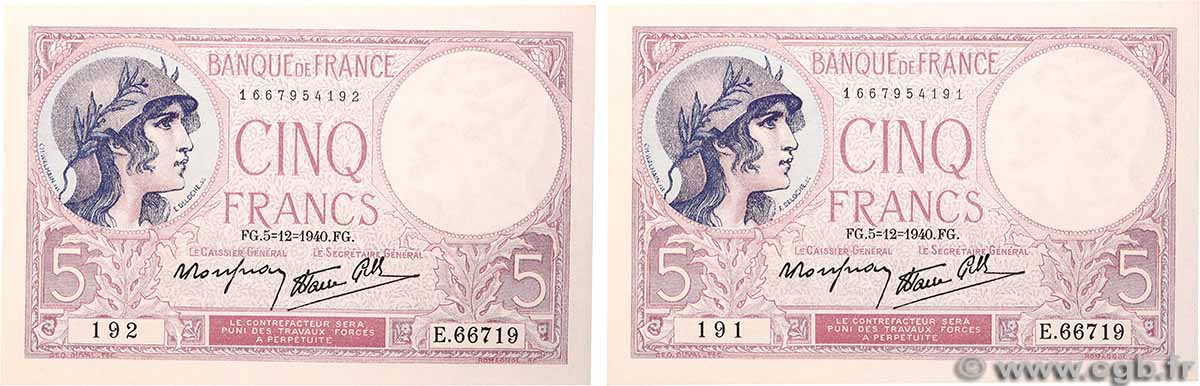 5 Francs FEMME CASQUÉE modifié Consécutifs FRANCE  1940 F.04.16 NEUF